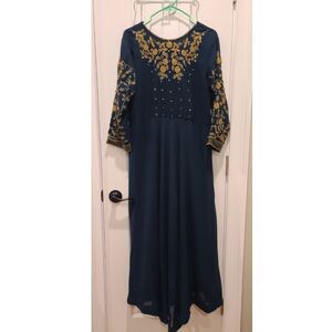 Gayatri Art Teal w/Gold Beadwork Anarkali-Style Dress – XL (ish) – Made in India